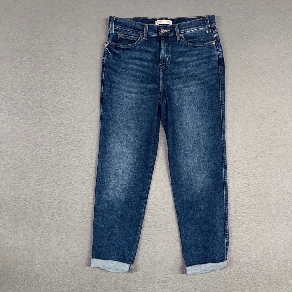 Signature Levi Jeans Womens 6 Blue Heritage Boyfriend Cuffed Distressed Denim